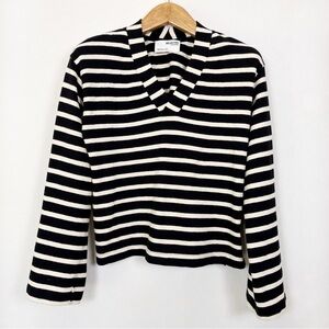 Selected Femme Black & Cream Striped V-Neck Sweater Size Medium Organic Cotton